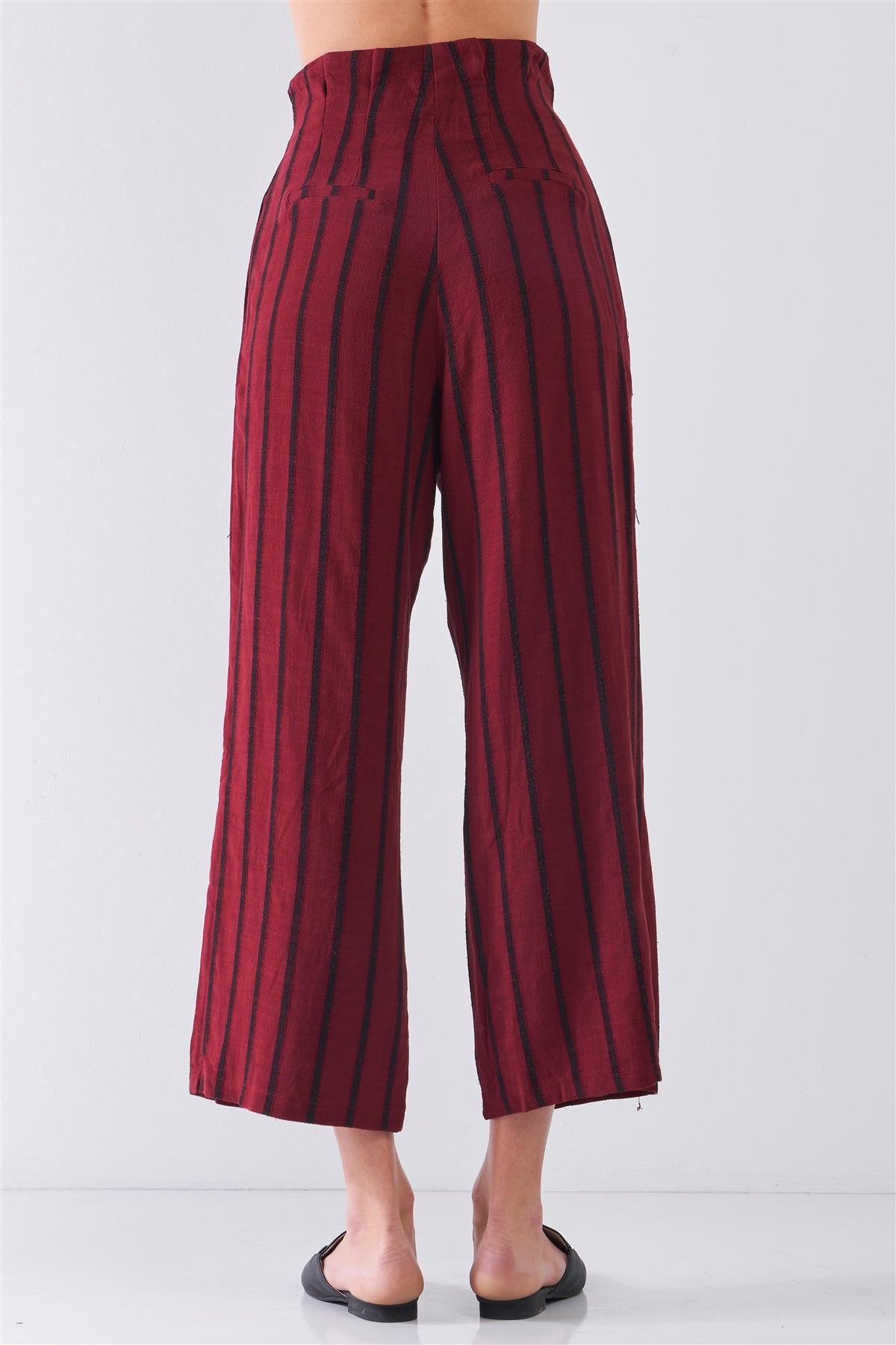 Wine & Black Linen Striped Frill Hem Button-Down High Waist Wide Leg Capri Pants /3-2