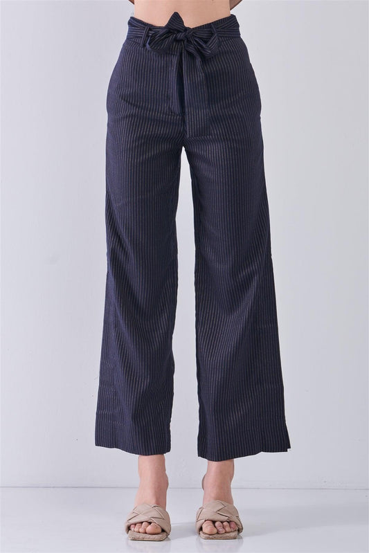 Navy & Gold Striped High Waist Detachable Self-Tie Belt Slit Sides Detail Wide Leg Pants /3-2-1