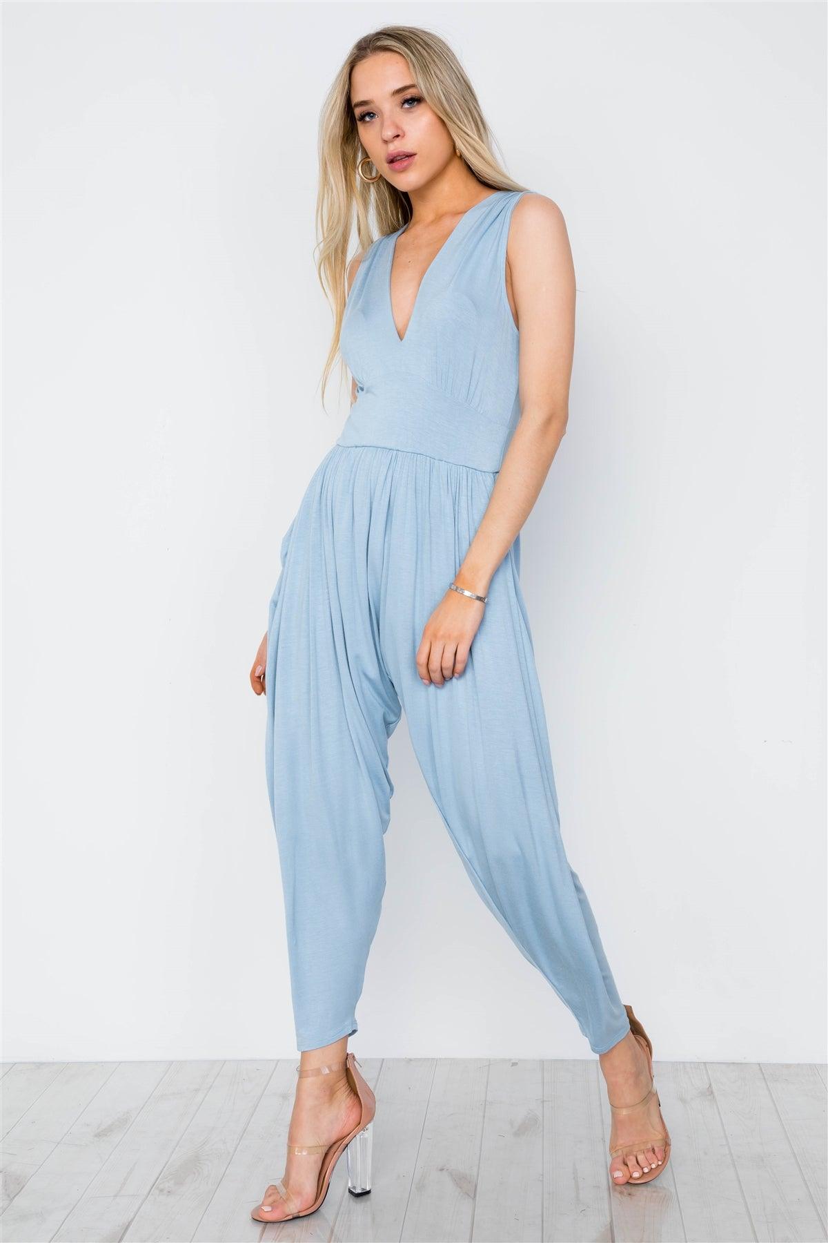 Blue V-Neck Loose Fit Harem Jumpsuit / 2-2-2