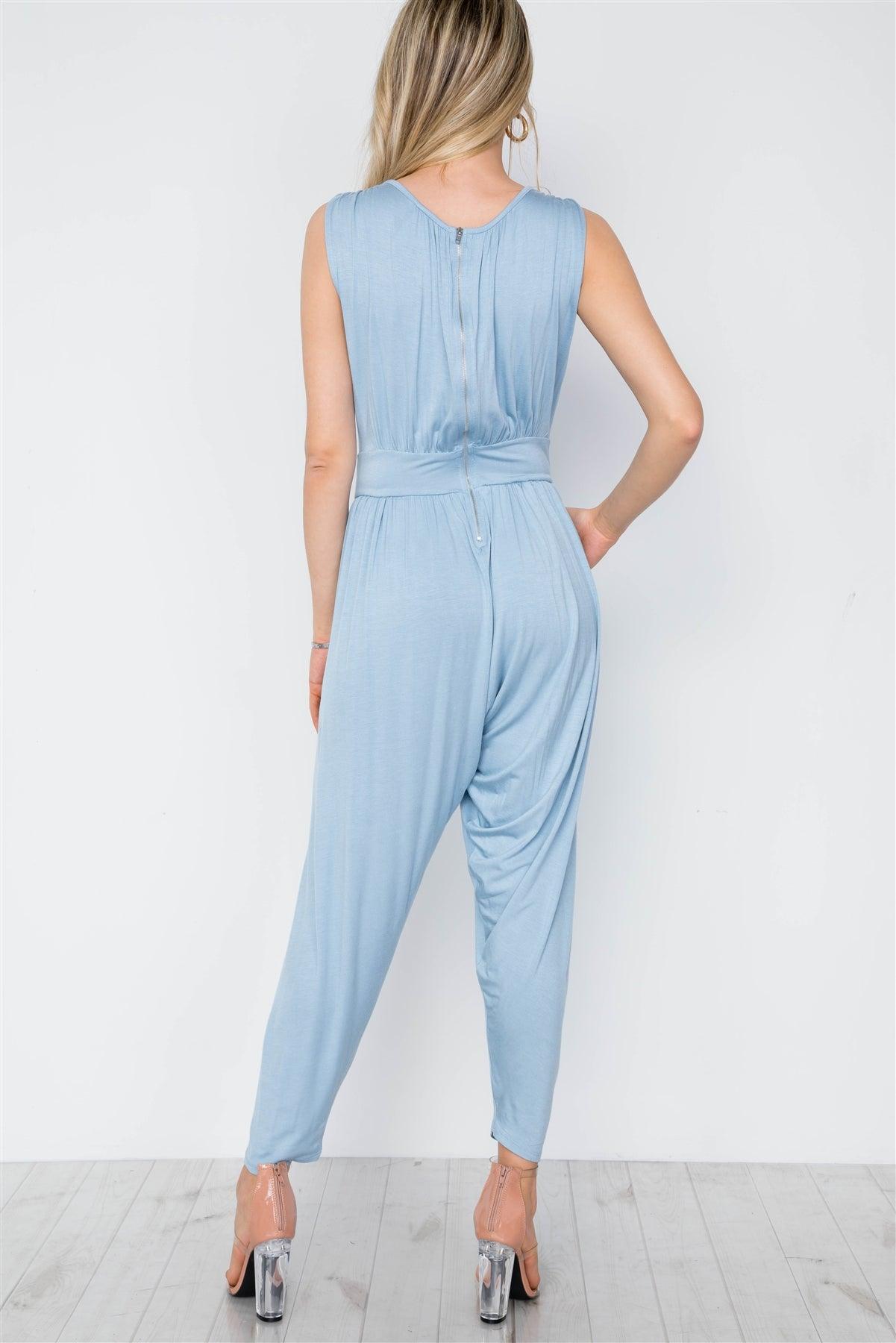 Blue V-Neck Loose Fit Harem Jumpsuit / 2-2-2