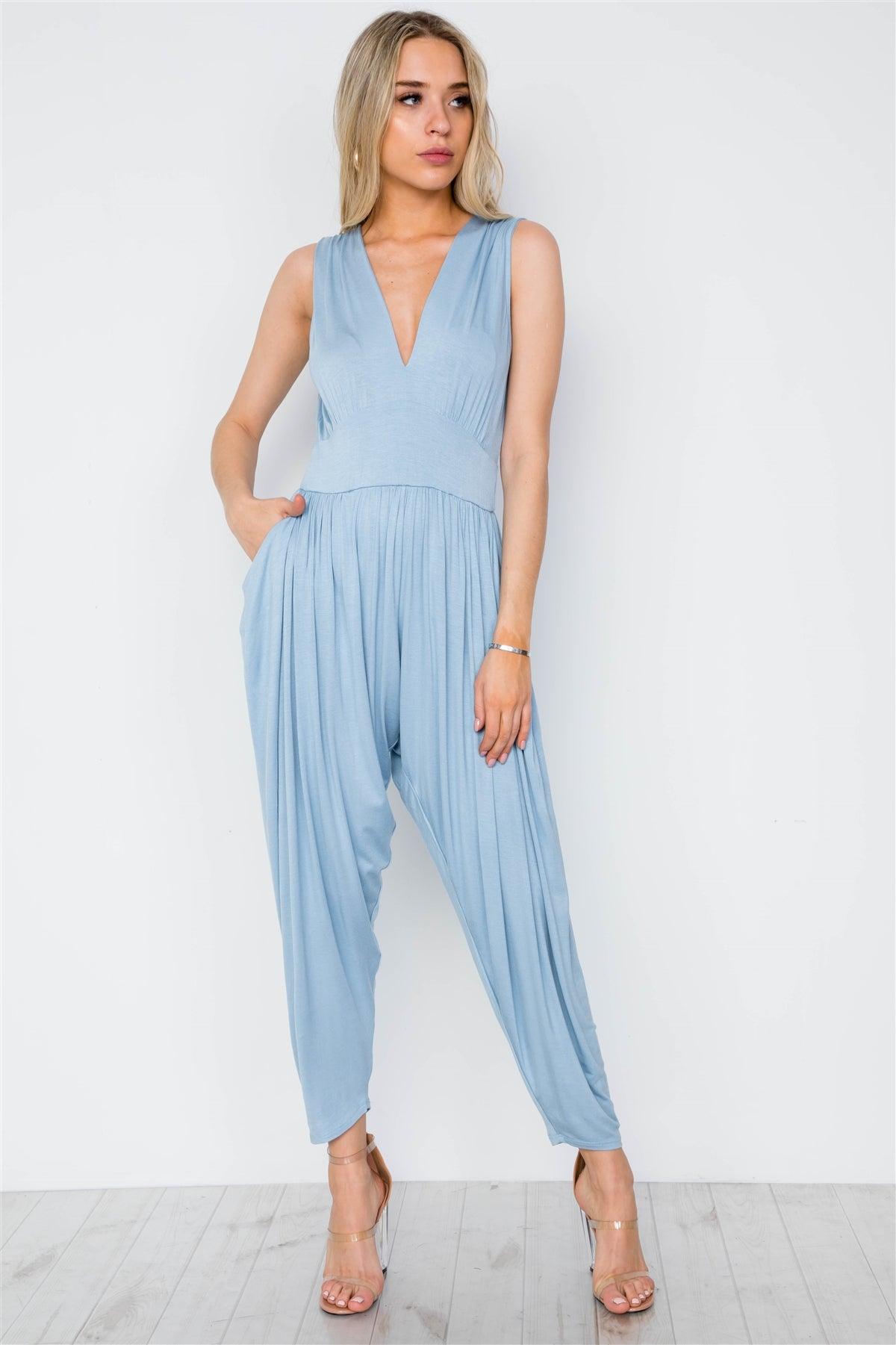 Blue V-Neck Loose Fit Harem Jumpsuit / 2-2-2