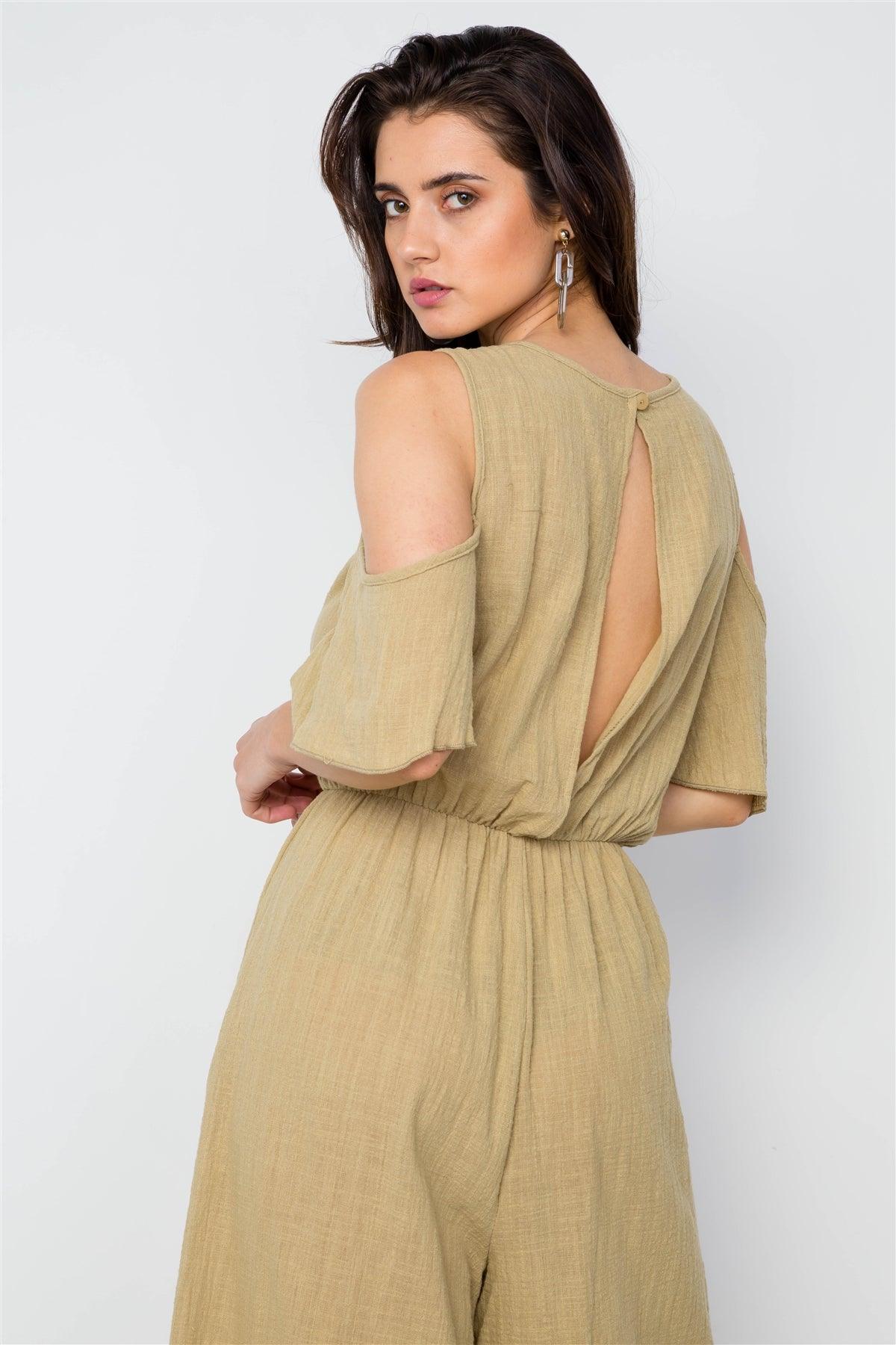 Mustard Olive Cold Shoulder Capri Boho Jumpsuit / 1-2-2