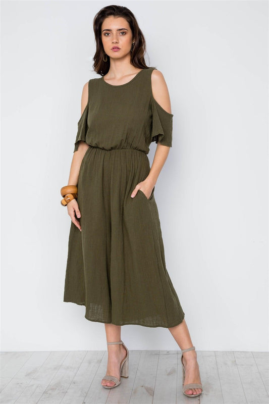 Olive Cold Shoulder Capri Boho Jumpsuit / 2-2-2