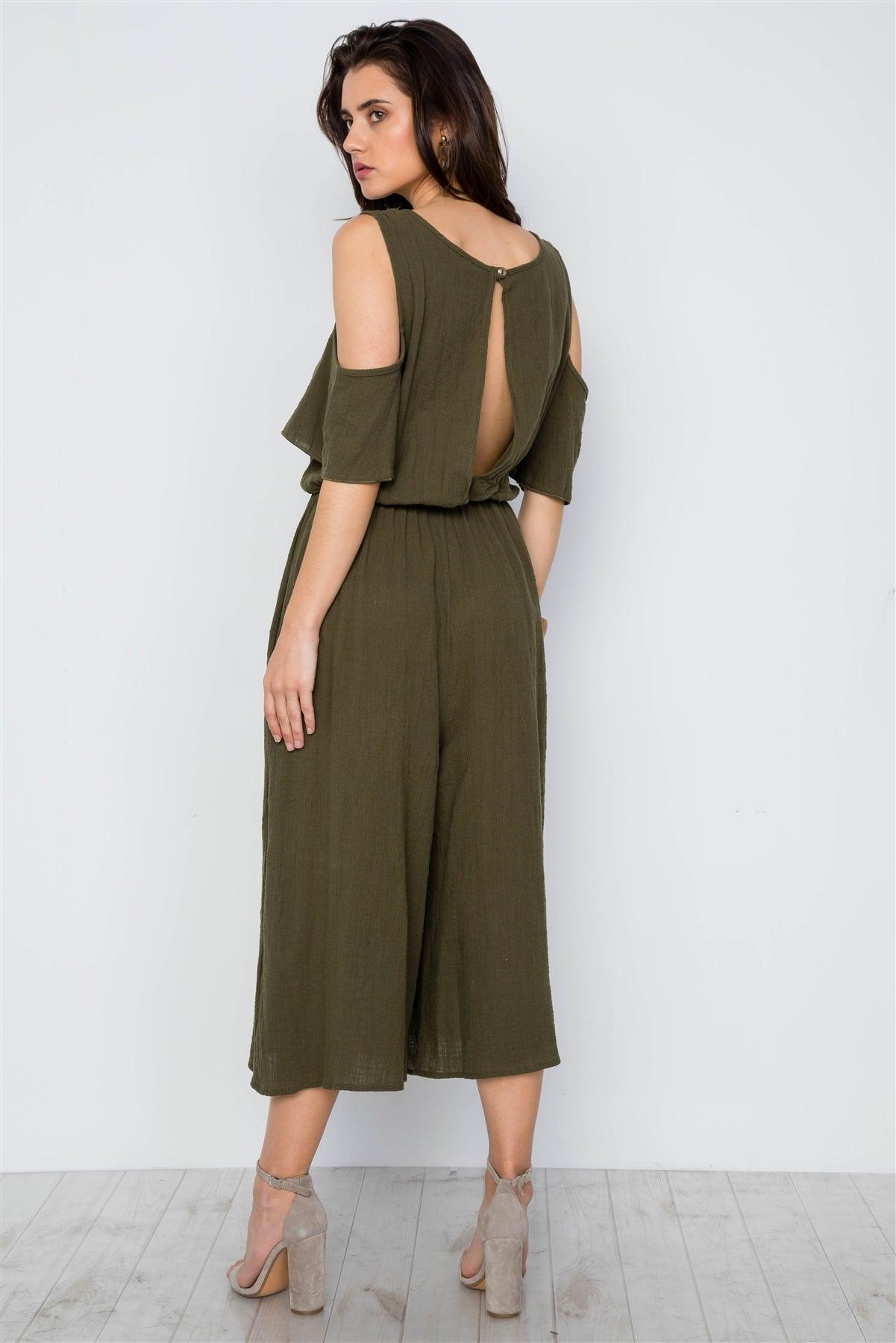 Olive Cold Shoulder Capri Boho Jumpsuit