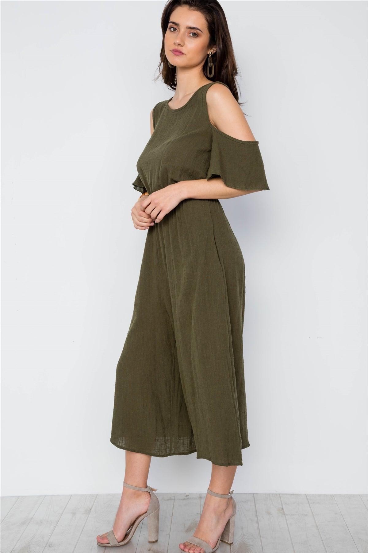 Olive Cold Shoulder Capri Boho Jumpsuit