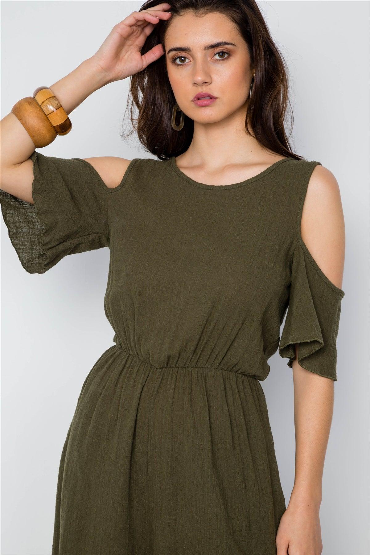 Olive Cold Shoulder Capri Boho Jumpsuit