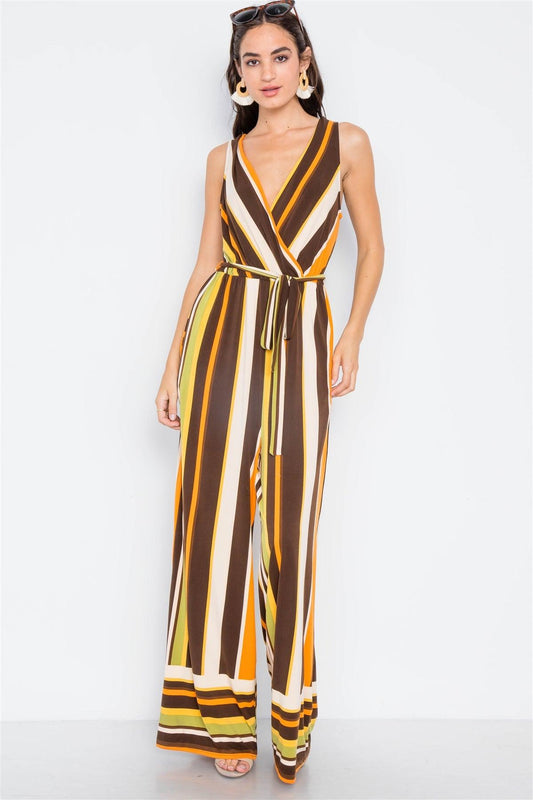 Brown Multi V-neck Sash Flare Leg Jumpsuit