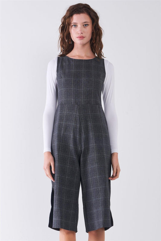 Dark Grey Preppy Sleeveless Glen Check Print Round Neck Slit Detail Wide Leg Midi Jumpsuit /2-2-2