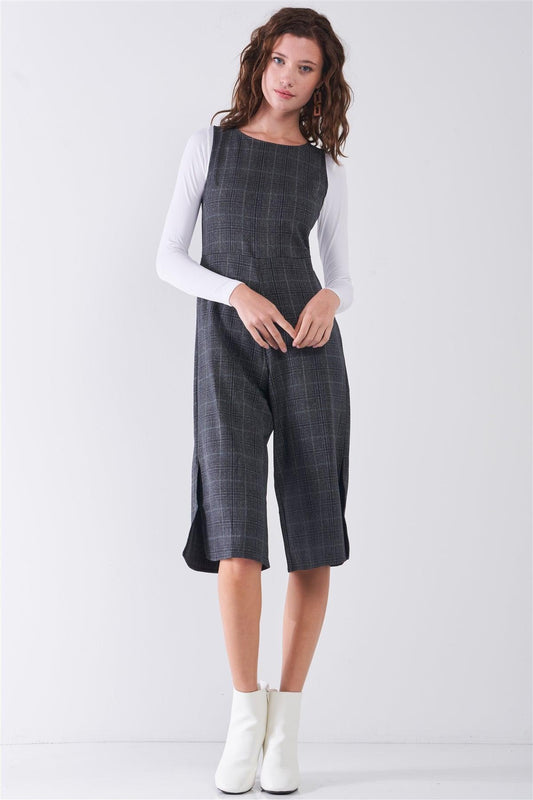 Dark Grey Preppy Sleeveless Glen Check Print Round Neck Slit Detail Wide Leg Midi Jumpsuit /2-2-3