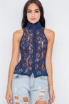 Navy Blue Mock-Neck Sheer Button Down Lace Top /2-3-2-1