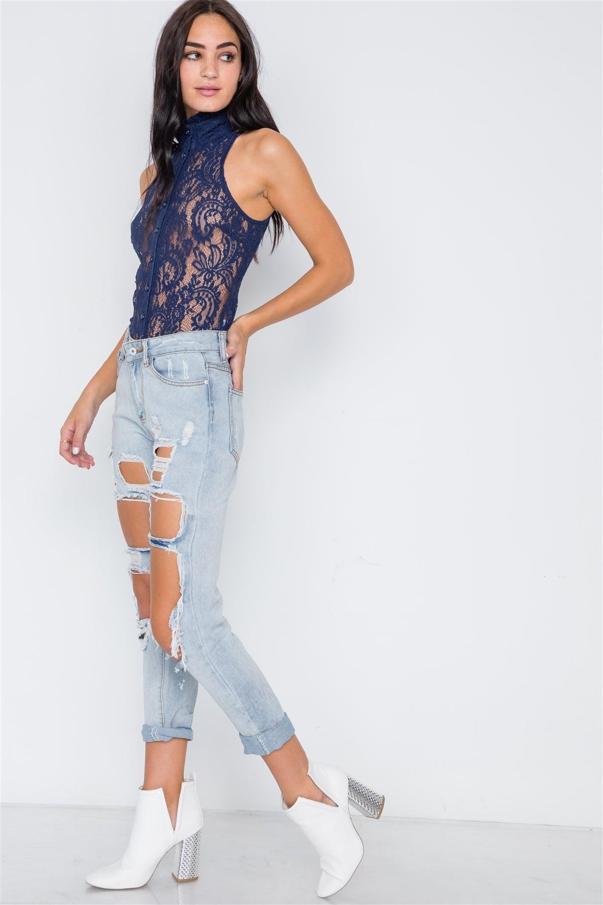 Navy Blue Mock-Neck Sheer Button Down Lace Top /2-3-2-1