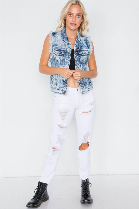 Dark Denim Distressed Retro Chic Acid Washed Vest /2-2-2