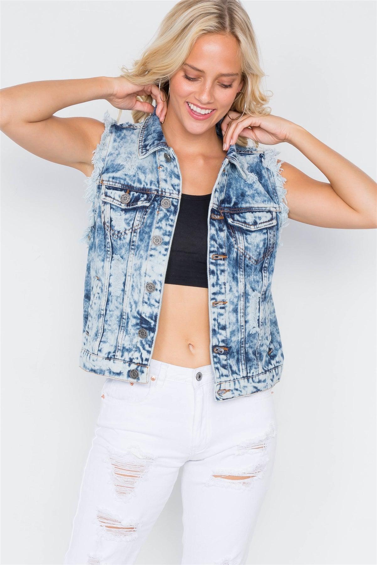 Dark Denim Distressed Retro Chic Acid Washed Vest  /2-2-3