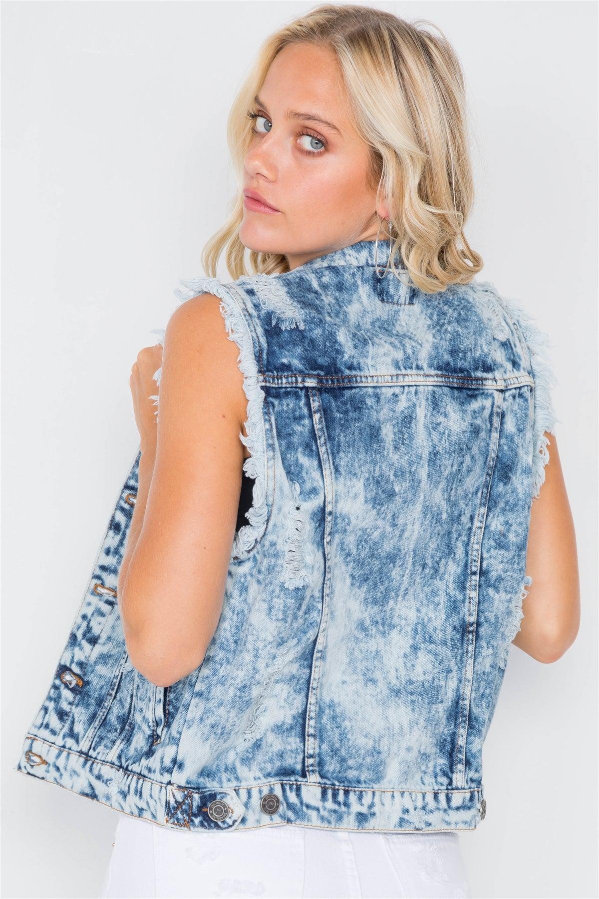 Dark Denim Distressed Retro Chic Acid Washed Vest  /2-2-3