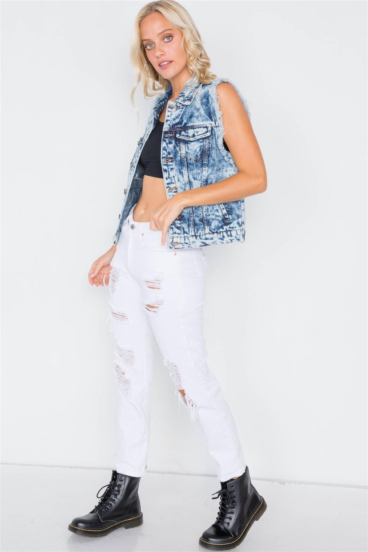 Dark Denim Distressed Retro Chic Acid Washed Vest  /2-2-3