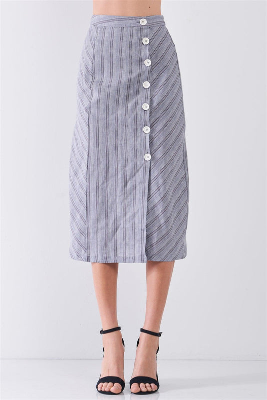 Blue-Grey Striped High Waist Side Button-Down Trim Slit Detail Pencil Fit Linen Midi Skirt /3-2-1