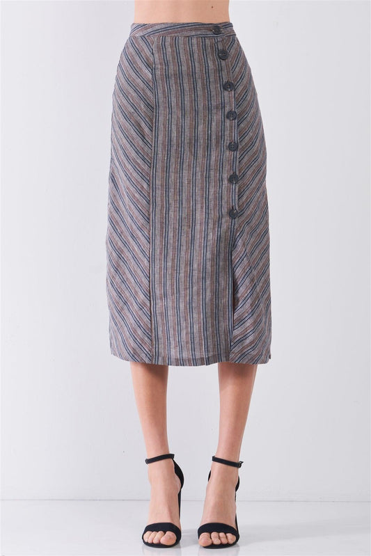 Navy Striped High Waist Side Button-Down Trim Slit Detail Pencil Fit Linen Midi Skirt /3-2-1