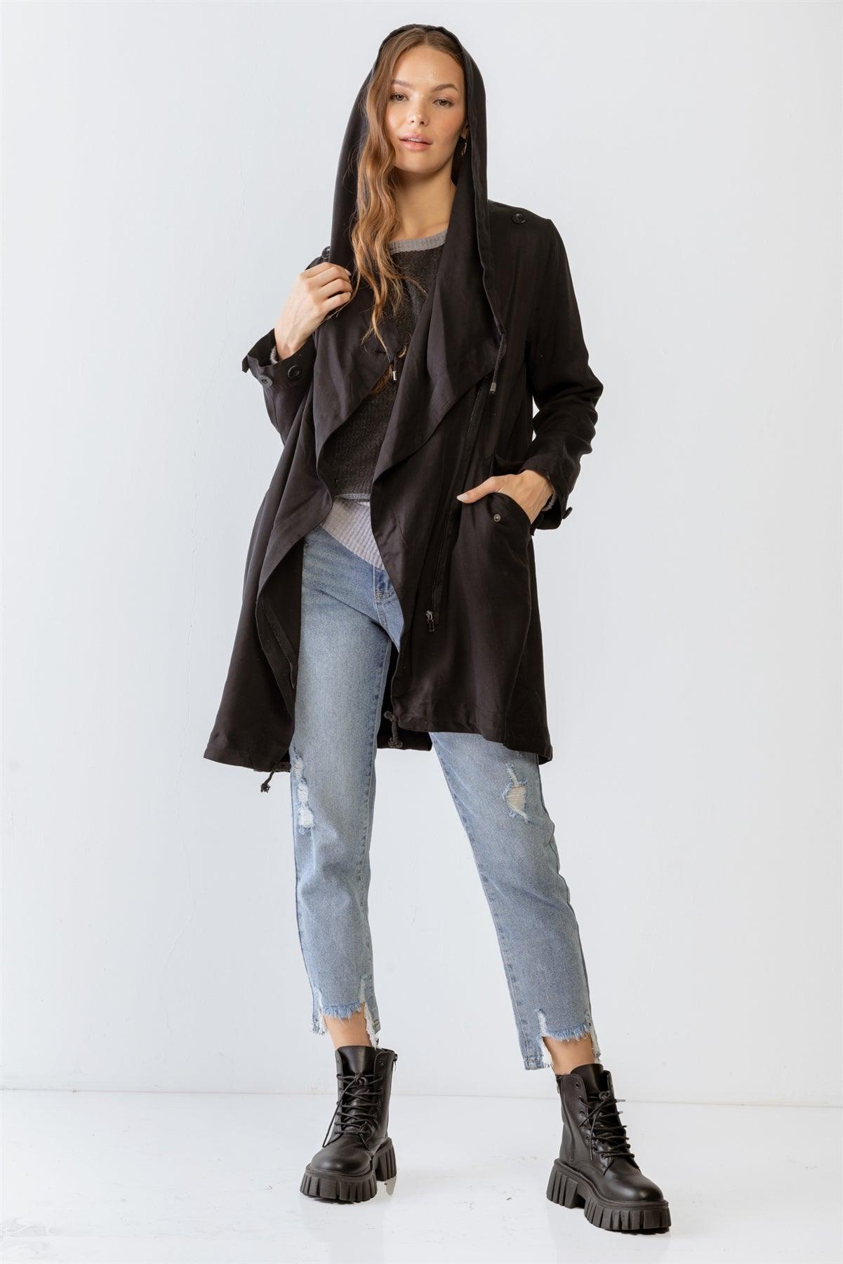 Black Asymmetrical Draped Zip Up Wide Lapel Collar Hooded Jacket /2-4