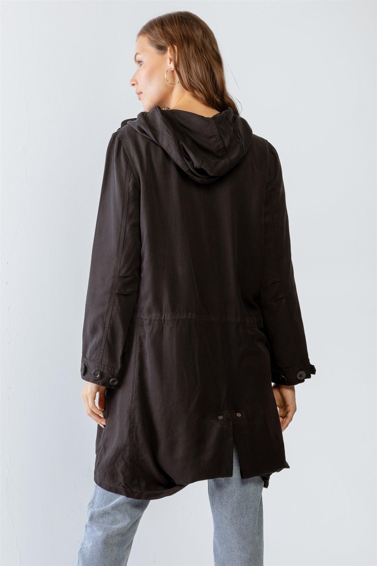 Black Asymmetrical Draped Zip Up Wide Lapel Collar Hooded Jacket /2-4