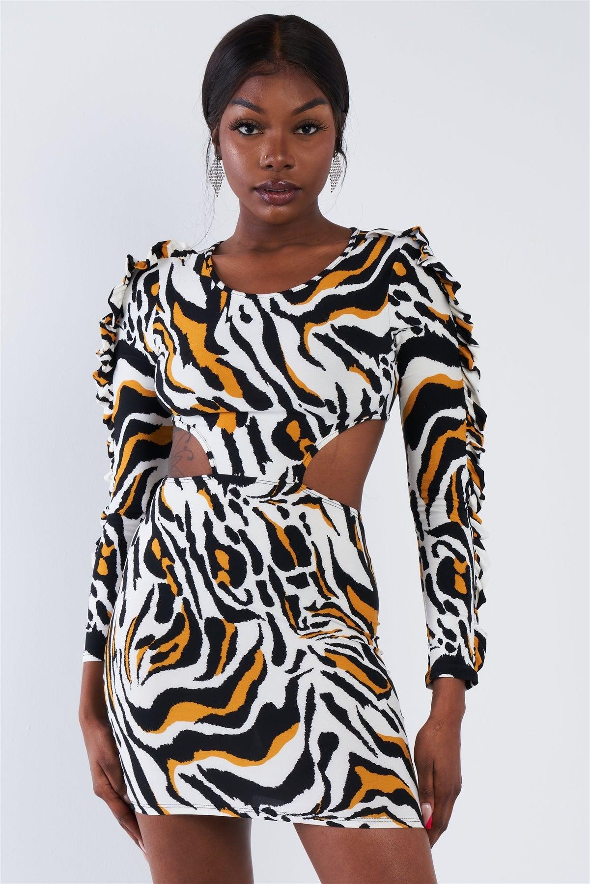 Yellow Zebra Cut-Out Flounce Sleeve Trim Mini Dress /2-2-2