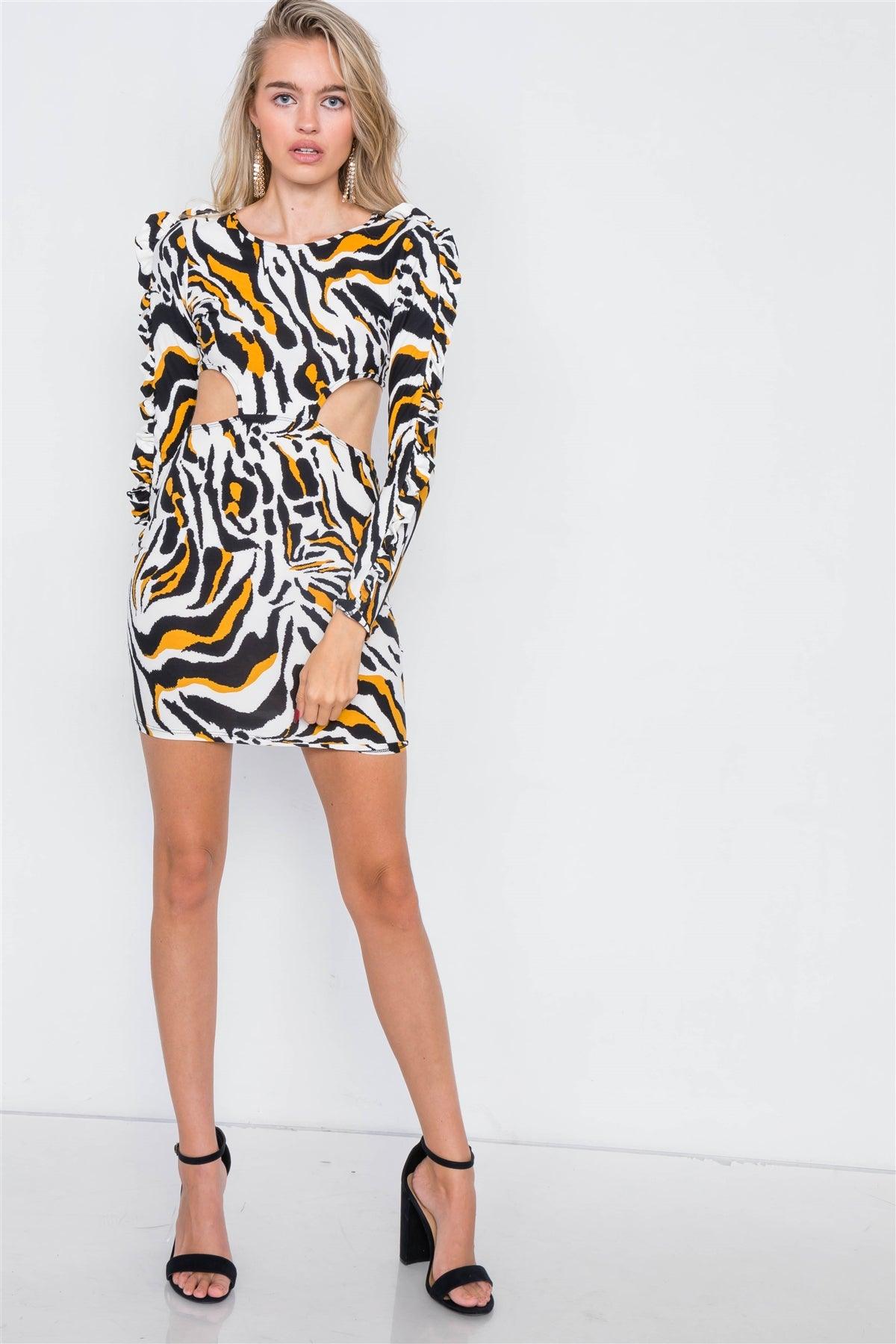 Yellow Zebra Cut-Out Flounce Sleeve Trim Mini Dress /2-2-2