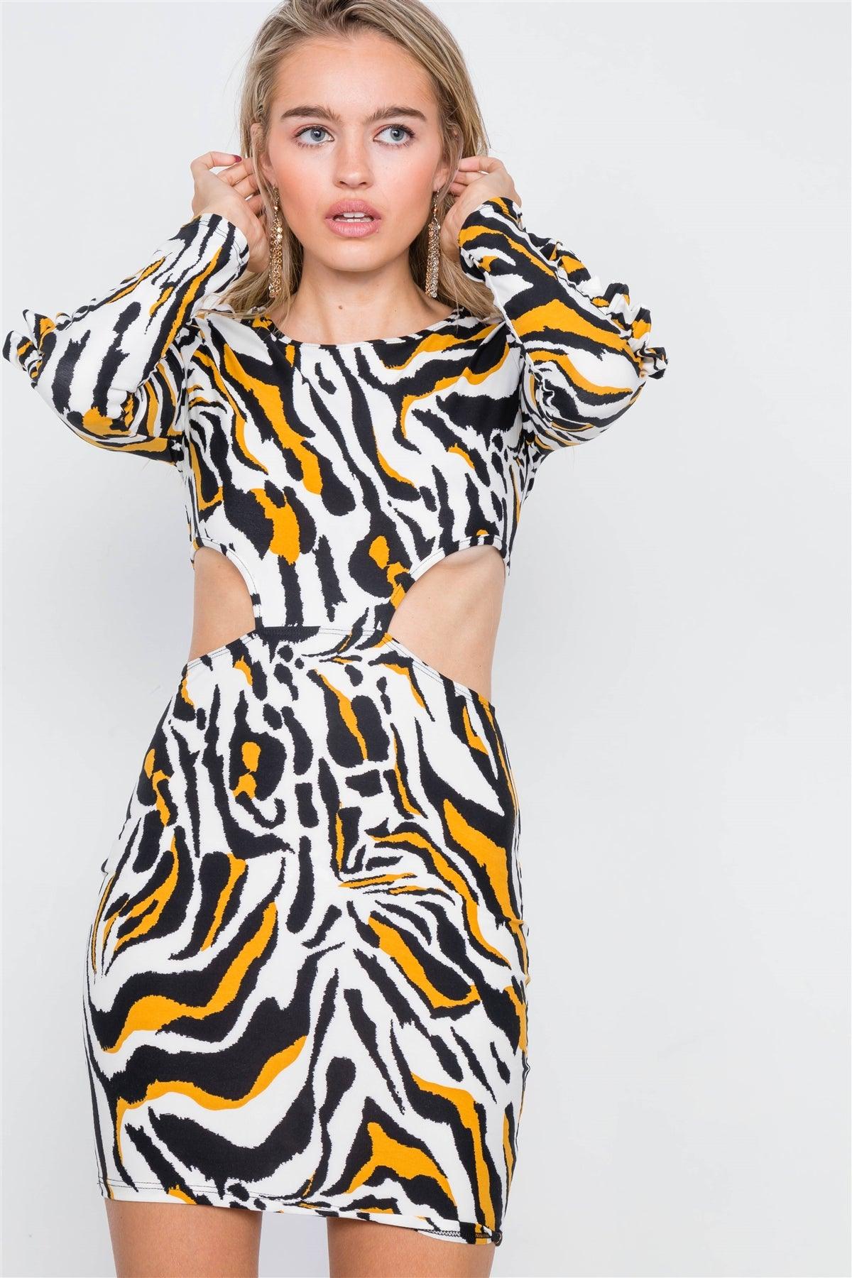 Yellow Zebra Cut-Out Flounce Sleeve Trim Mini Dress /2-2-2