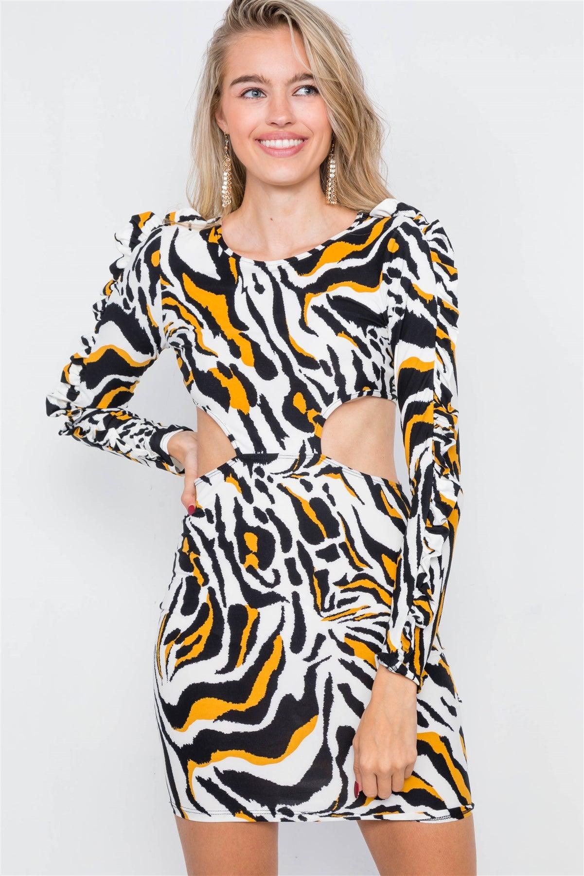 Yellow Zebra Cut-Out Flounce Sleeve Trim Mini Dress /2-2-2