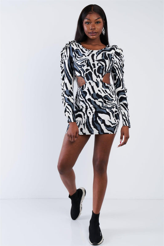 Zebra Cut-Out Flounce Sleeve Trim Mini Dress /2-2-2