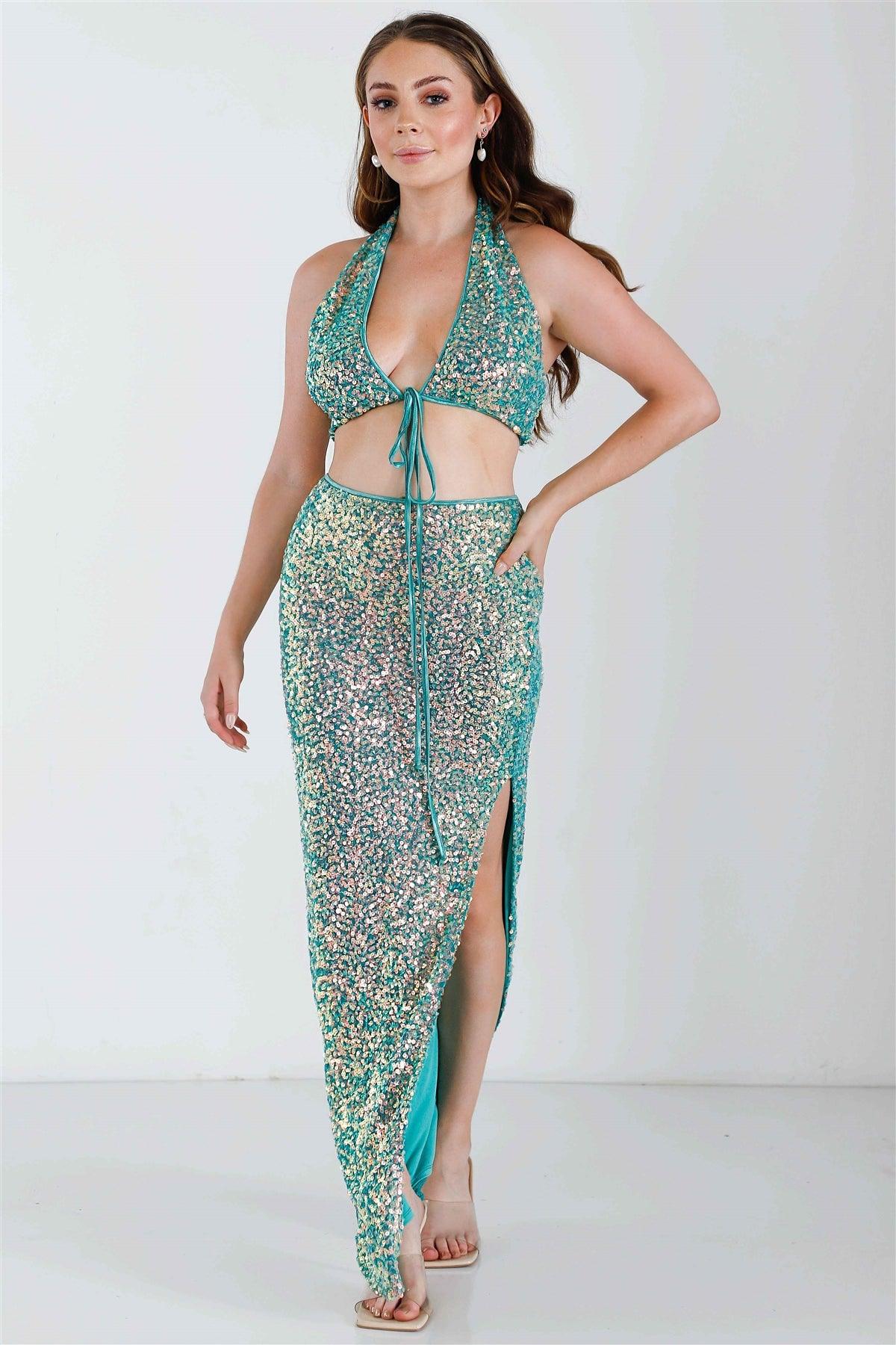 Green Sequin V-Neck Sleeveless Crop Top & High Waist Maxi Skirt Set /3-2-1