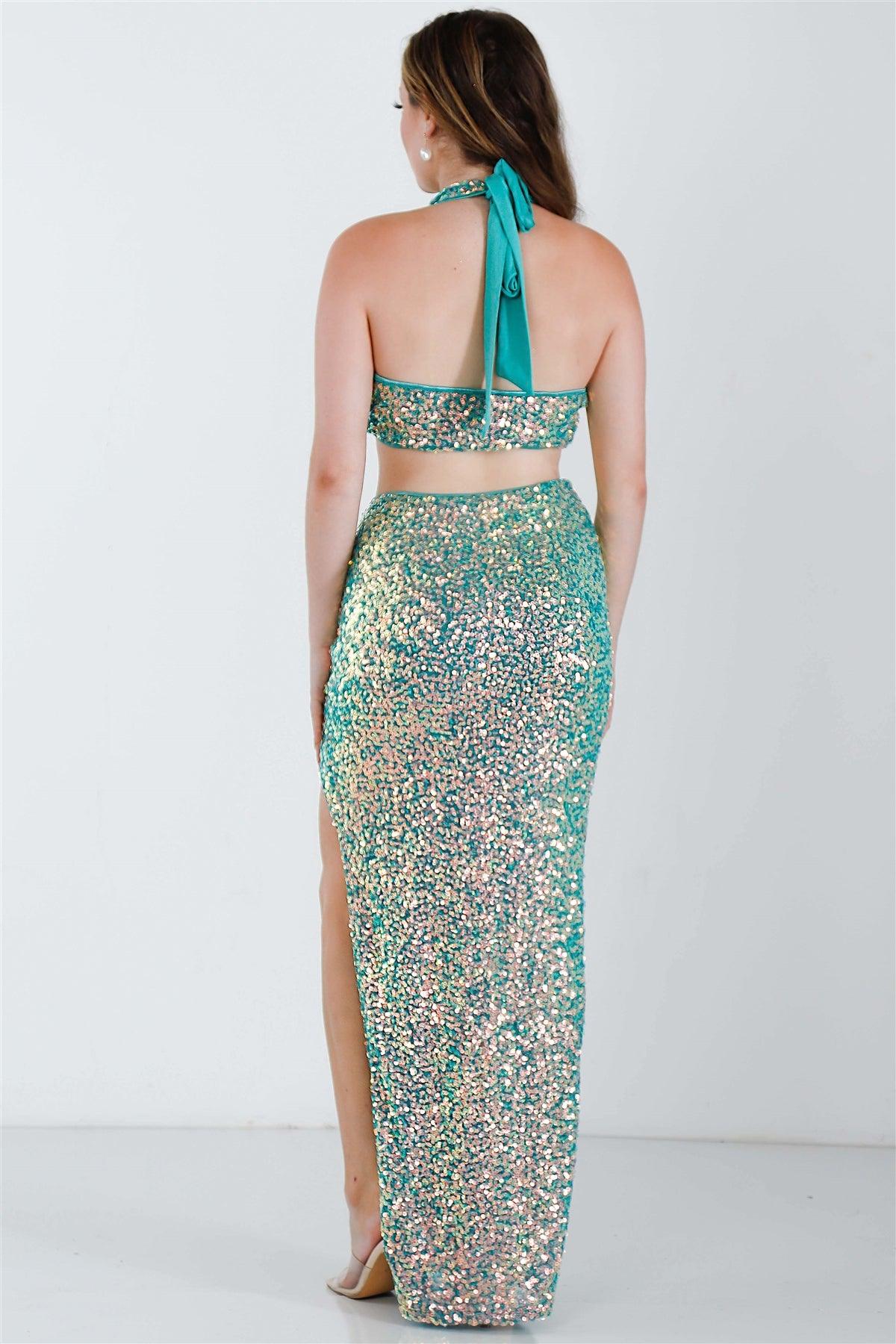 Green Sequin V-Neck Sleeveless Crop Top & High Waist Maxi Skirt Set /3-2-1