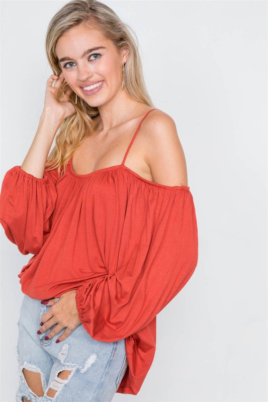 Rust Off-The-Shoulder High-Low Relaxed Fit Belle Sleeve Top /2-2-2