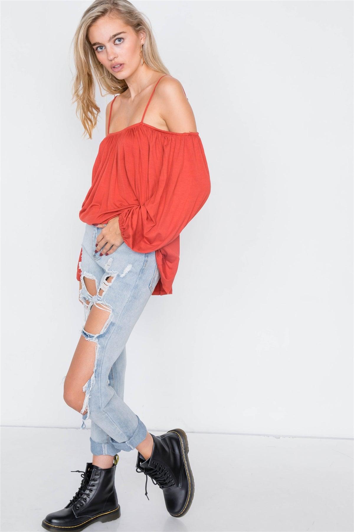 Rust Off-The-Shoulder High-Low Relaxed Fit Belle Sleeve Top /2-2-2