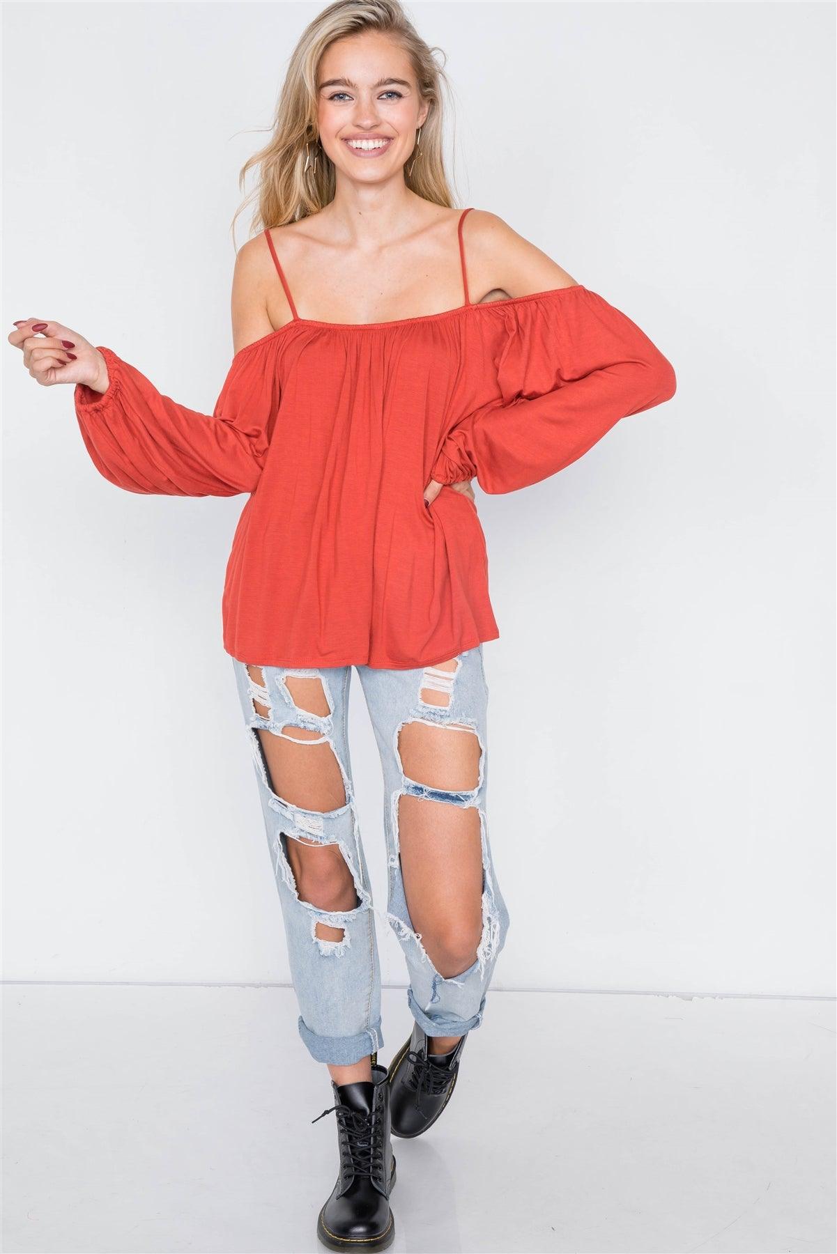 Rust Off-The-Shoulder High-Low Relaxed Fit Belle Sleeve Top /2-2-2