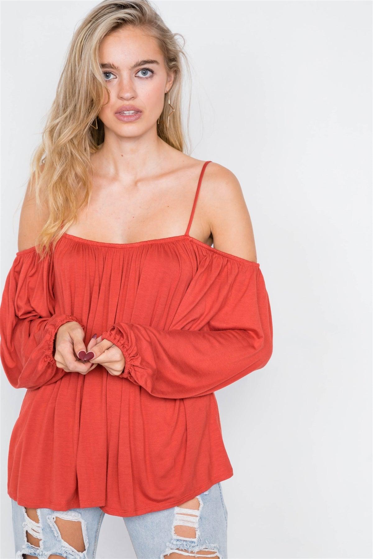 Rust Off-The-Shoulder High-Low Relaxed Fit Belle Sleeve Top /2-2-2