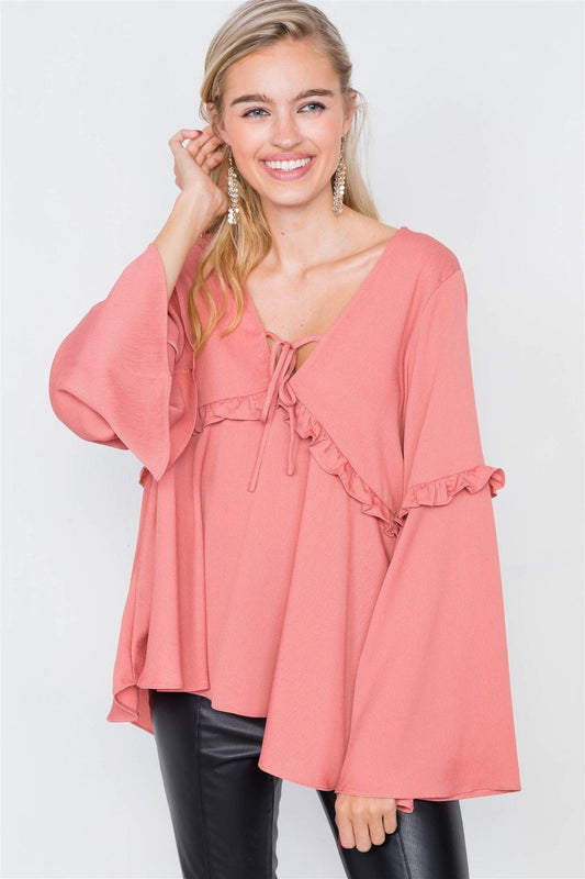 Mauve Flounce Belle Sleeve Lace-Up V-Neck Blouse /1-1-2