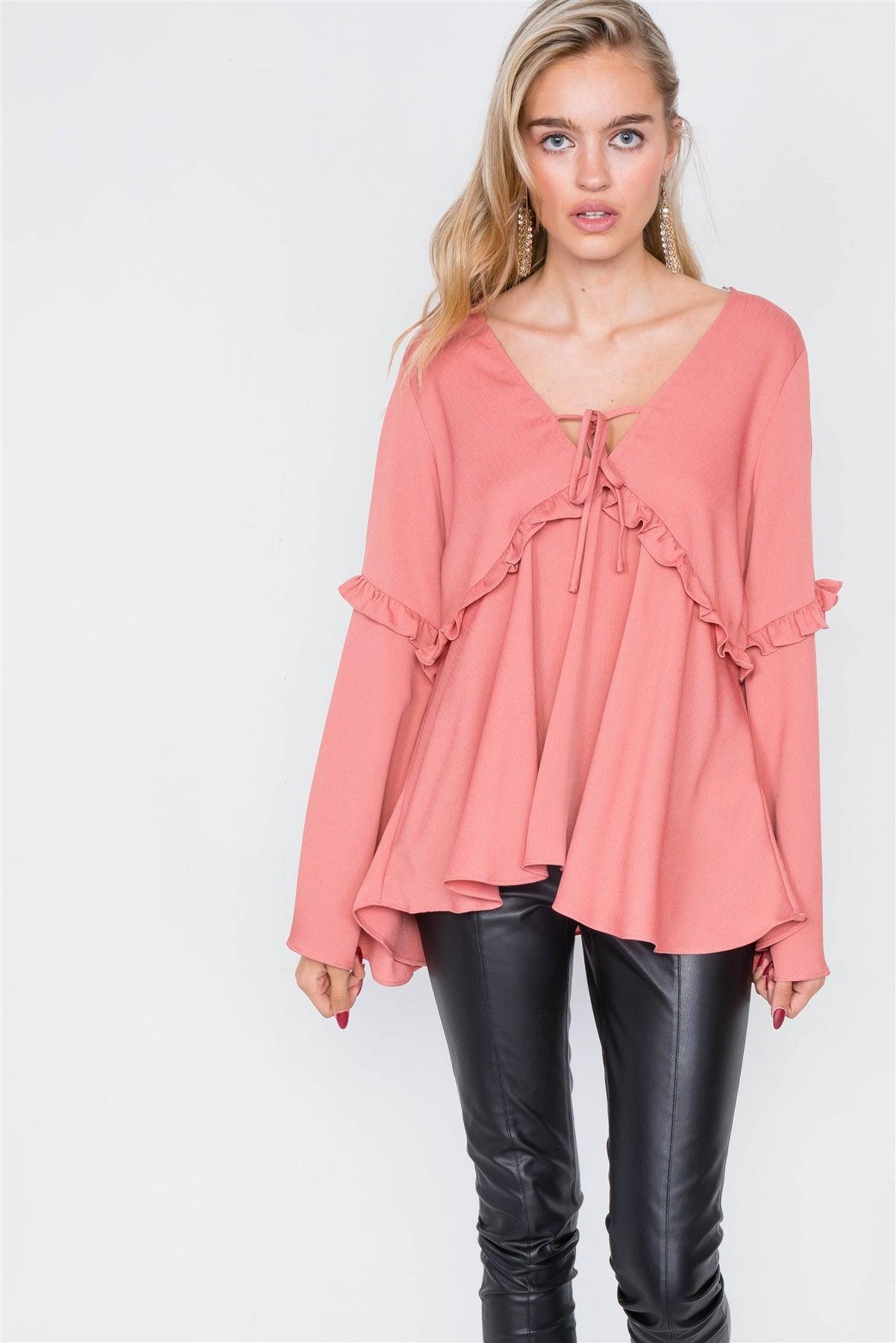 Mauve Flounce Belle Sleeve Lace-Up V-Neck Blouse /1-1-2