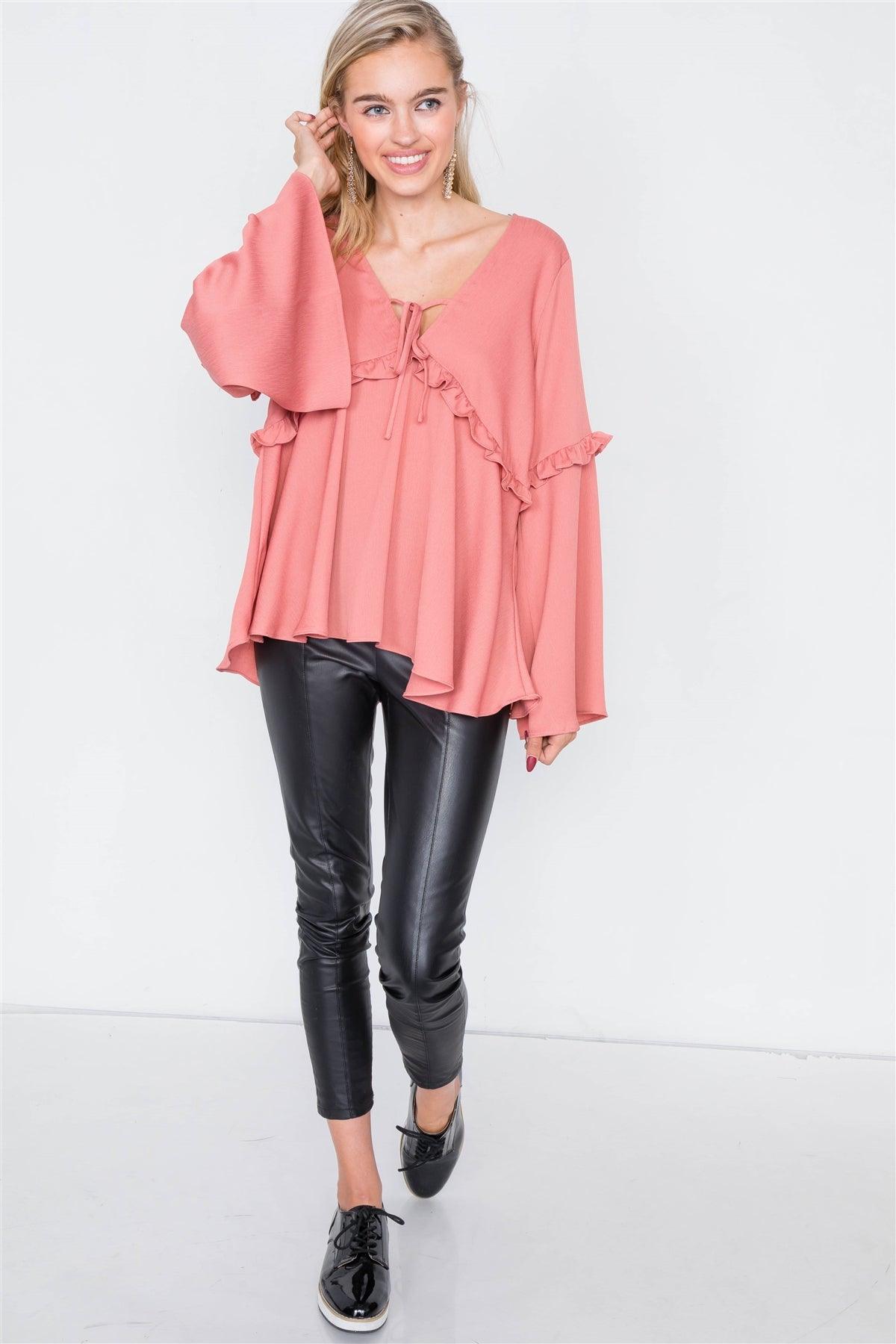 Mauve Flounce Belle Sleeve Lace-Up V-Neck Blouse /1-1-2