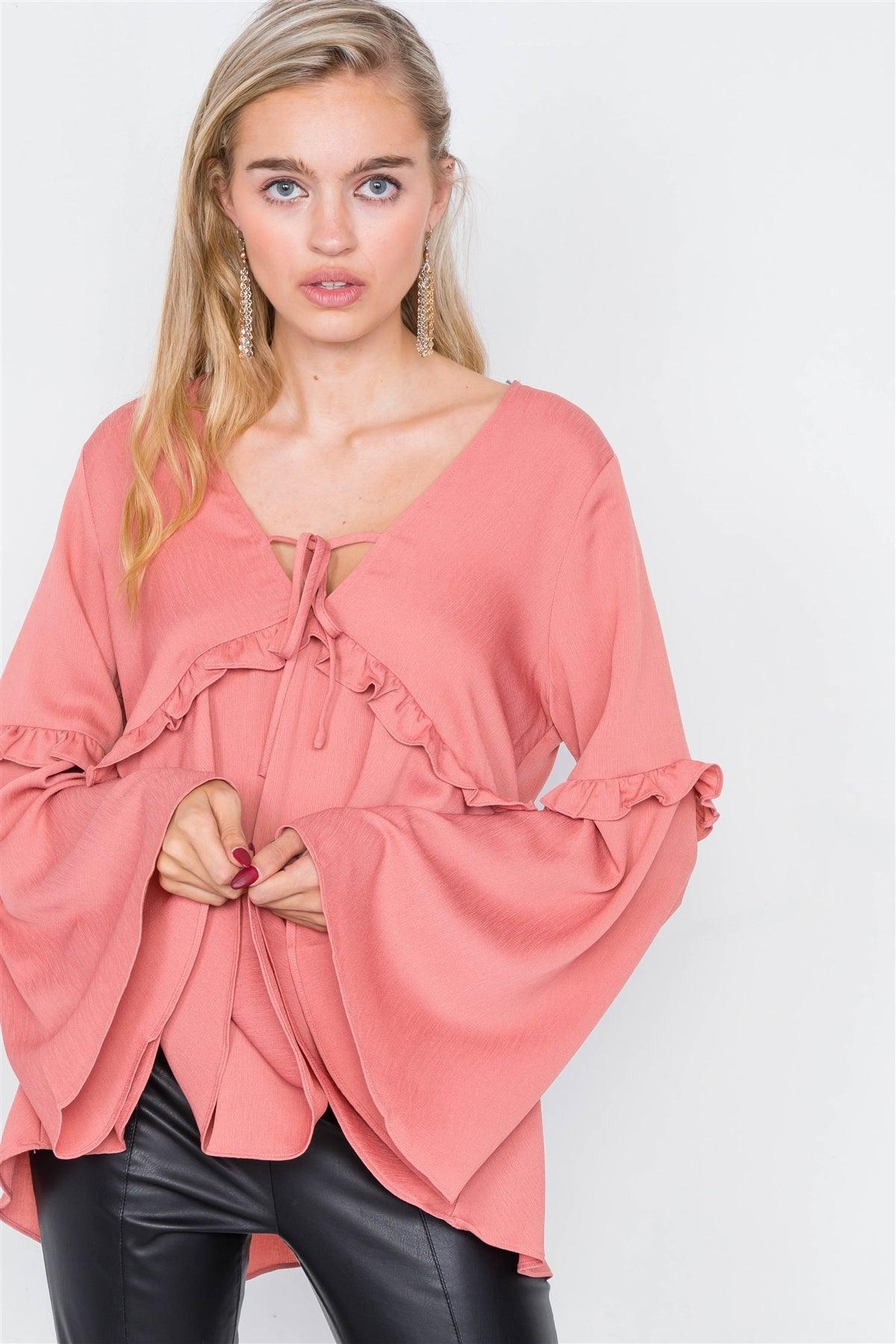 Mauve Flounce Belle Sleeve Lace-Up V-Neck Blouse /1-1-2