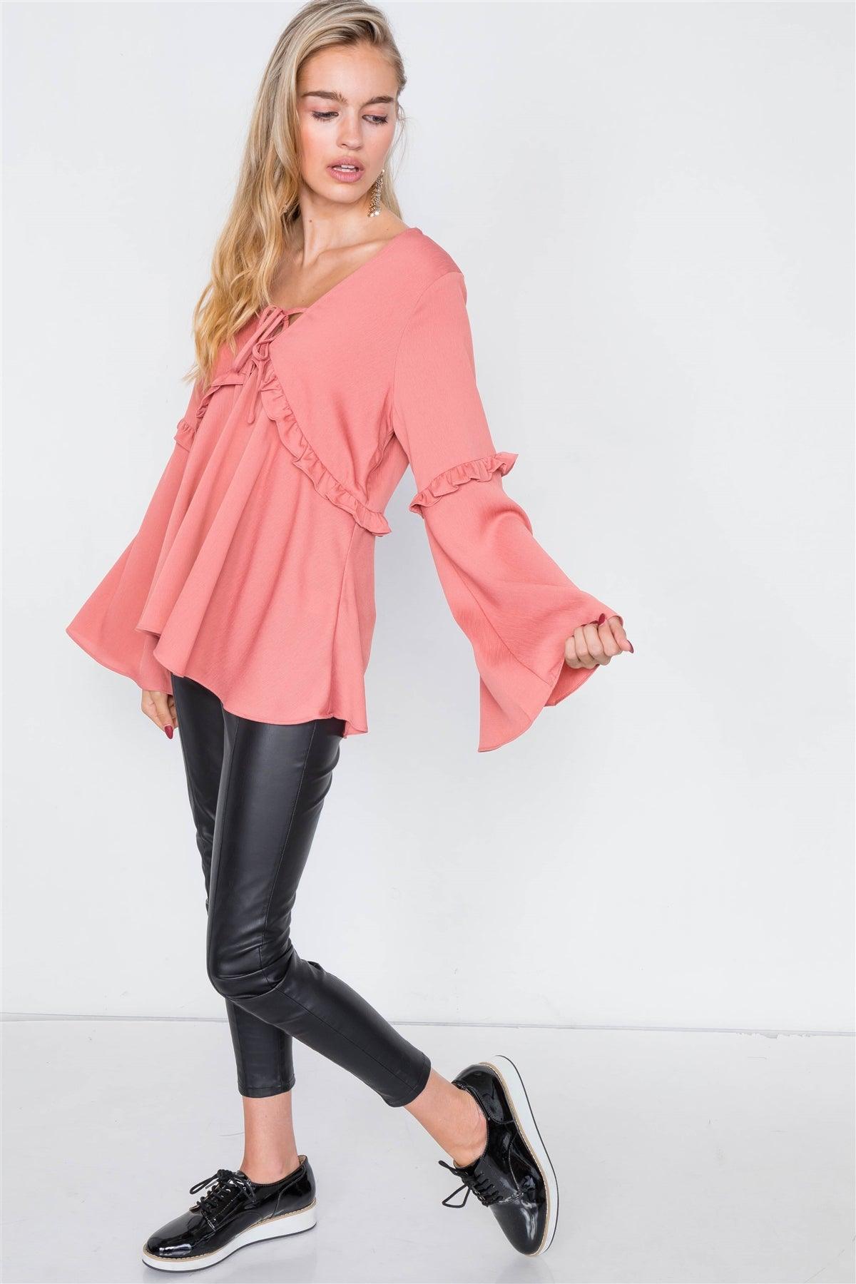 Mauve Flounce Belle Sleeve Lace-Up V-Neck Blouse /1-1-2