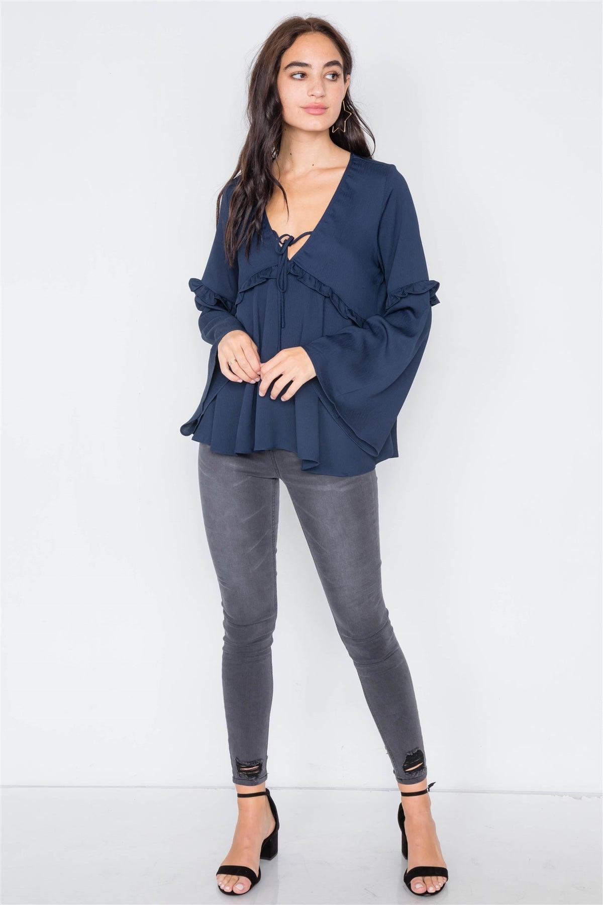 Navy Flounce Belle Sleeve Lace-Up V-Neck Blouse  /2-3