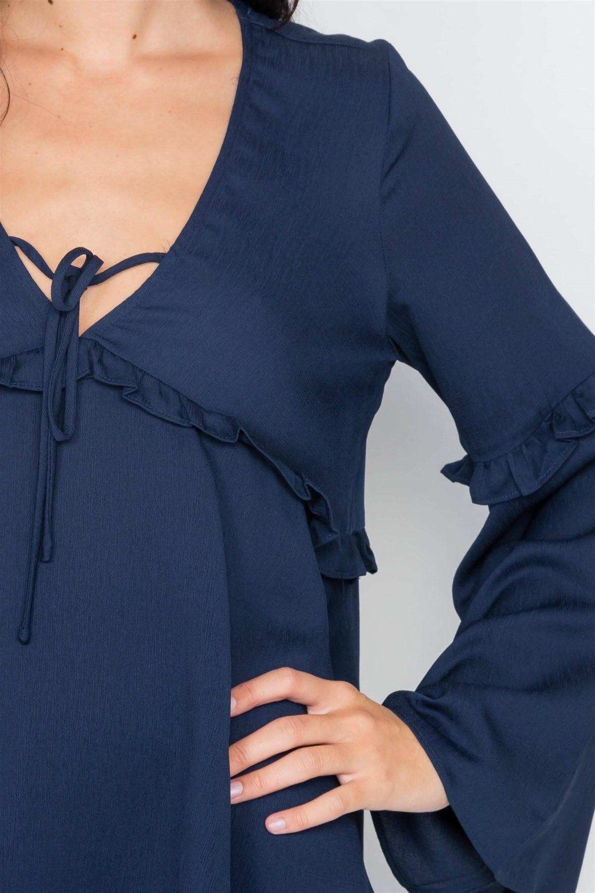 Navy Flounce Belle Sleeve Lace-Up V-Neck Blouse  /2-3