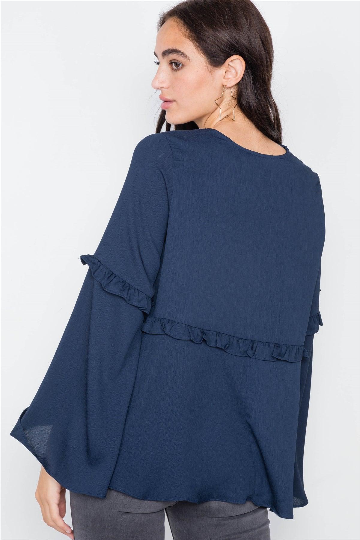 Navy Flounce Belle Sleeve Lace-Up V-Neck Blouse  /2-3