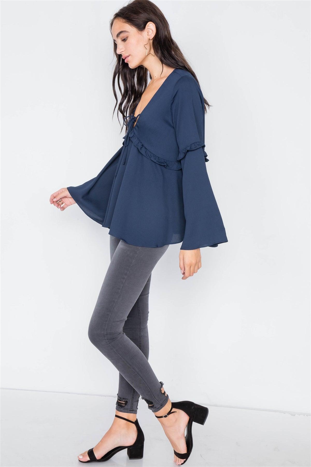 Navy Flounce Belle Sleeve Lace-Up V-Neck Blouse  /2-3