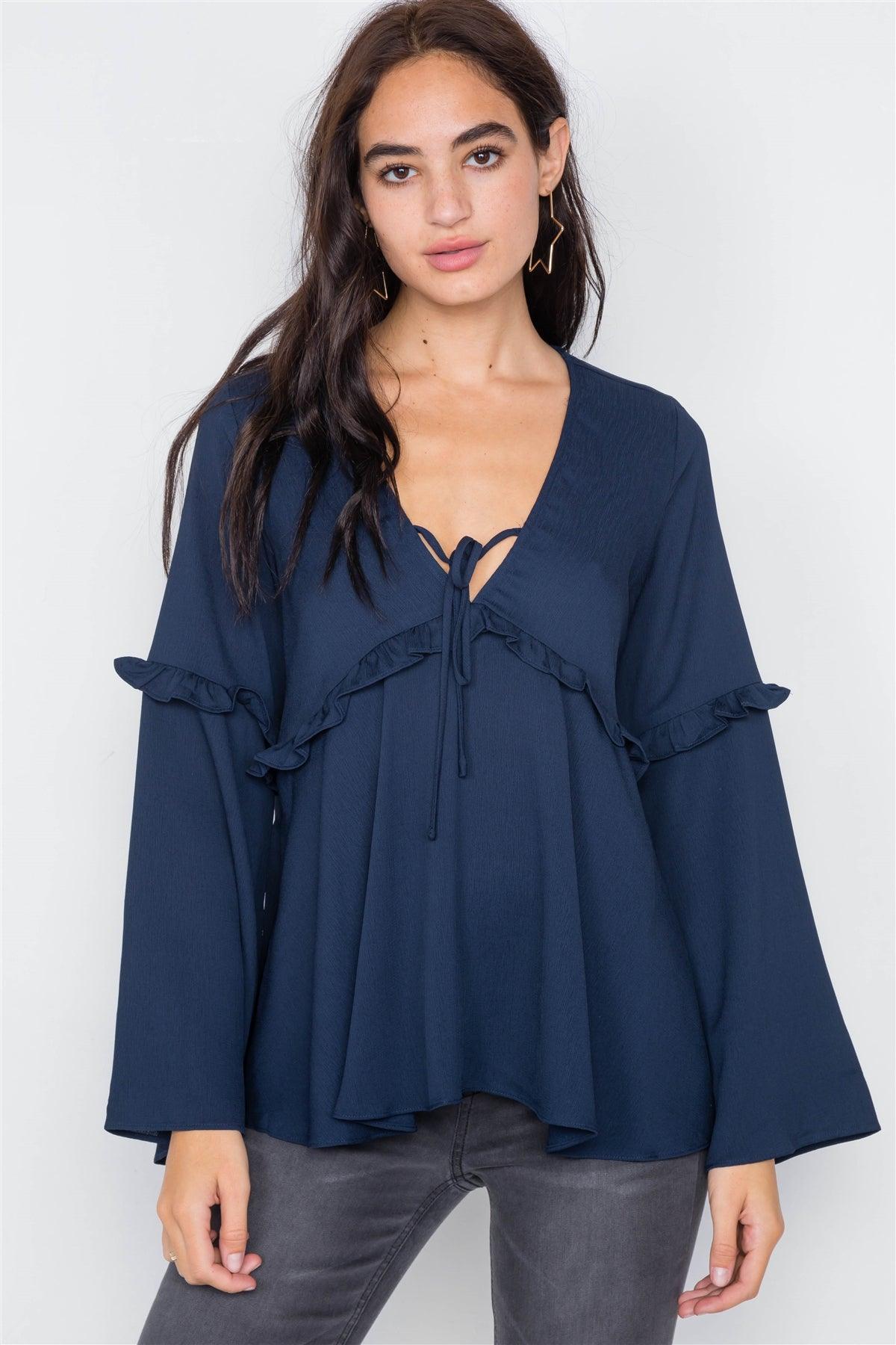 Navy Flounce Belle Sleeve Lace-Up V-Neck Blouse  /2-3