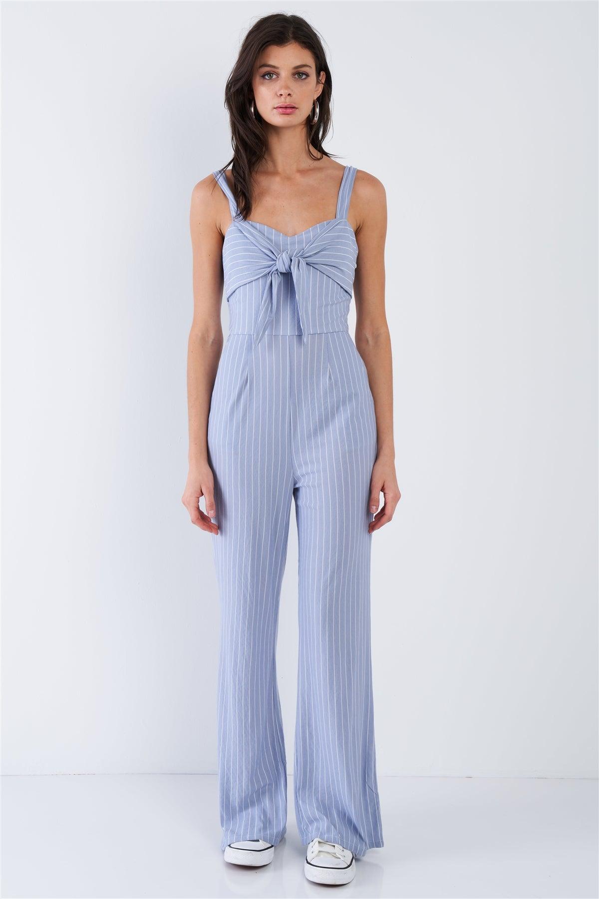 Powder Blue & White Stripe Front and Back Bow Cotton Wide Leg Jumpsuit  /1-2-2-1