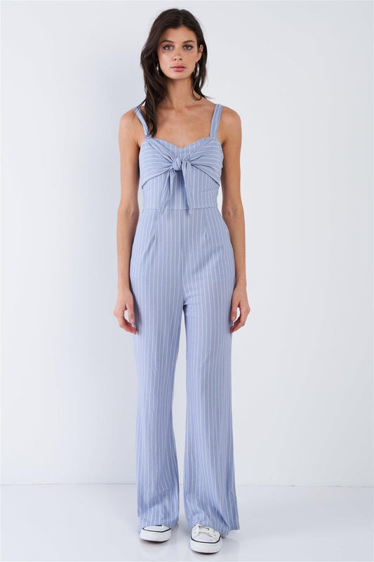 Powder Blue & White Stripe Front and Back Bow Cotton Wide Leg Jumpsuit  /1-2-2-1