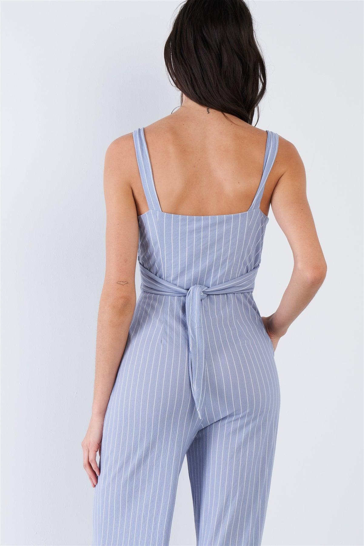 Powder Blue & White Stripe Front and Back Bow Cotton Wide Leg Jumpsuit  /1-2-2-1