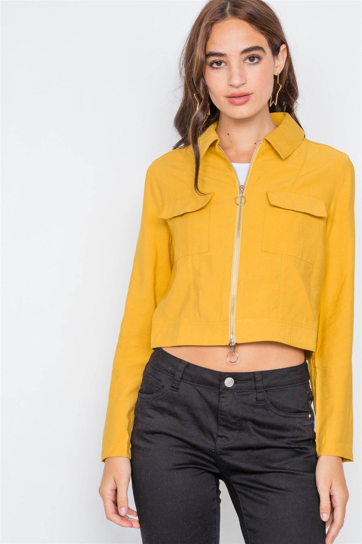 Mustard Double Zipper Crop Cargo Jacket  /2-2-2