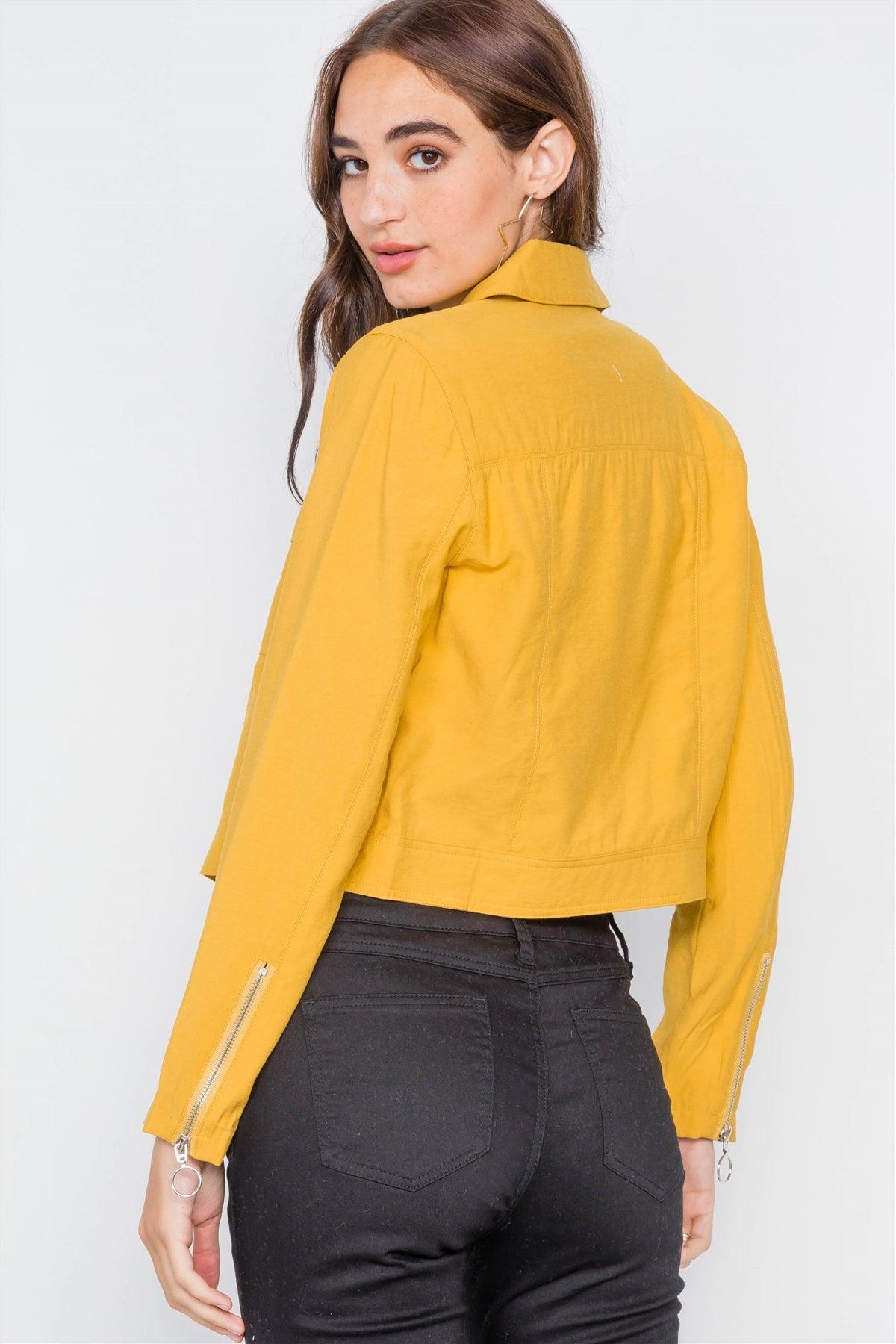 Mustard Double Zipper Crop Cargo Jacket  /2-2-2