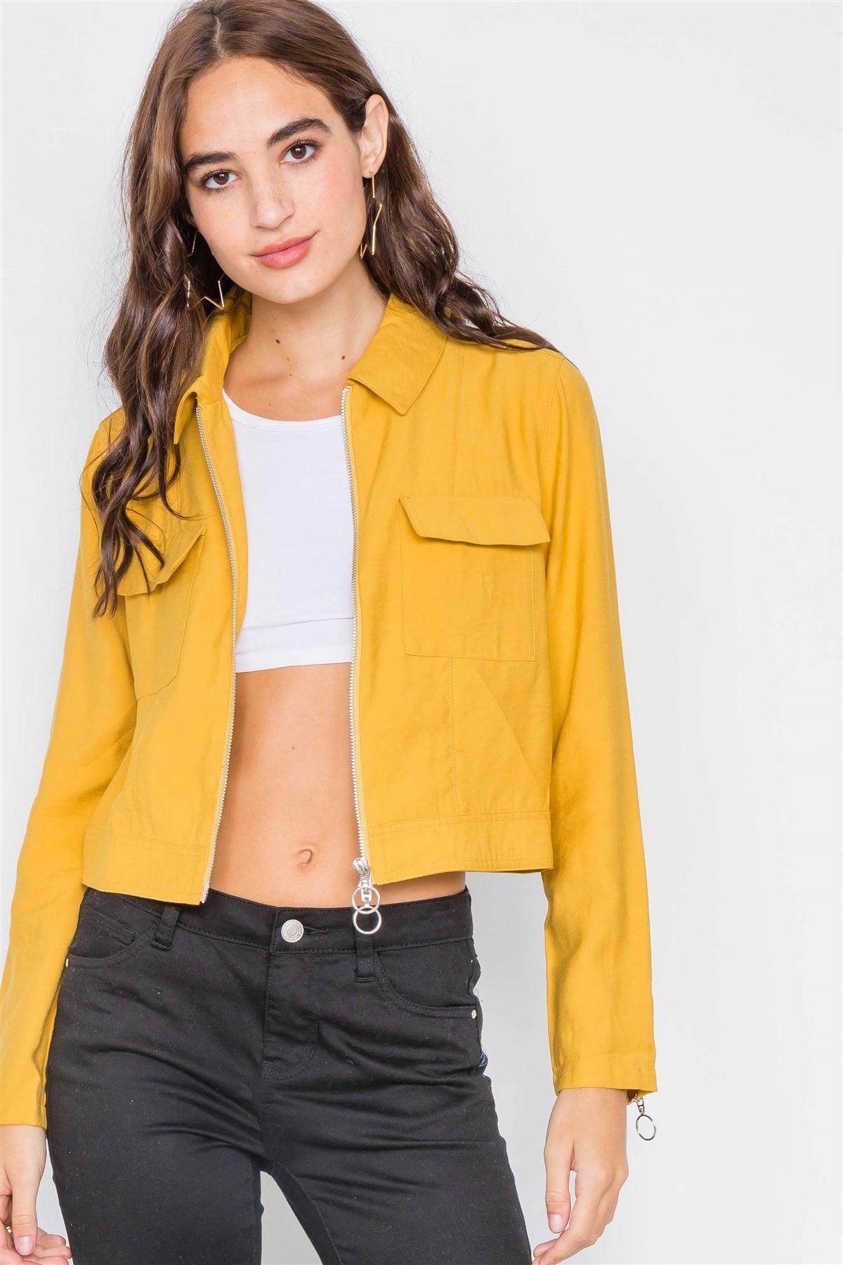 Mustard Double Zipper Crop Cargo Jacket  /2-2-2